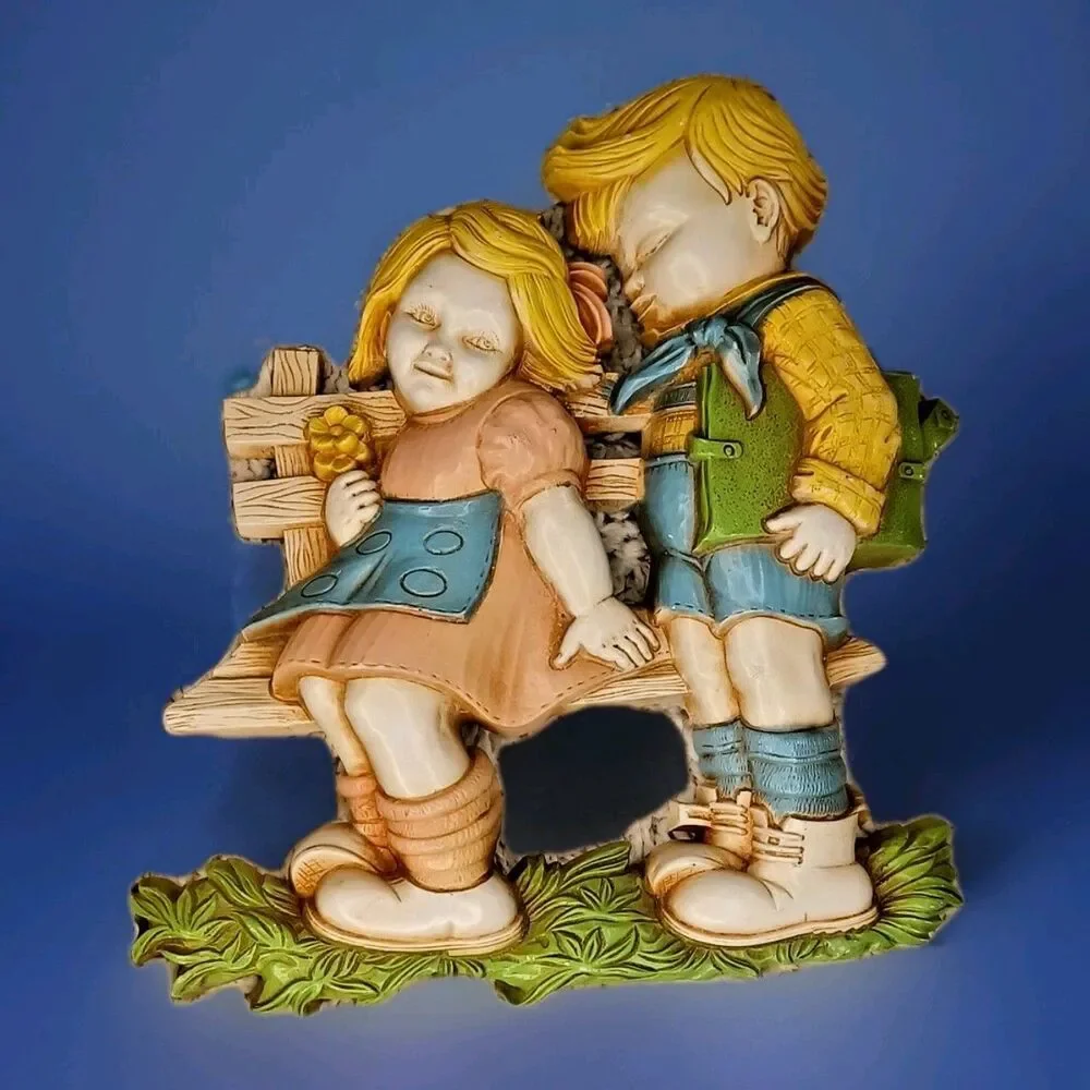 1977 HOMCO Plaques Girl & Boy Bench Wall Art Baby Nursery Decor Love Cute